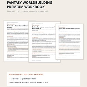 May include: A digital workbook titled Fantasy Worldbuilding Premium Workbook by Vareniva Digital. It features 98 pages, 5 PDFs, and a mini-course. Three overlapping pages show lesson text including Start with a choice, Decide where power comes from, and Design what people do.