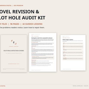 May include: A digital download kit titled Novel Revision & Plot Hole Audit Kit by Vareniva Digital. It includes 5 PDF files, 96 pages, and 42 guided lessons. The image displays a cover page, a page on distinguishing holes, and a defect triage chart.