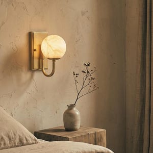 Modern Natural Alabaster Globe Wall Sconce, U-Shaped Brushed Brass Gooseneck Lamp with Rectangular Canopy for Bedroom, Hallway & Living Room