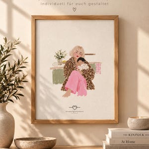 Lámina personalizada para mamá y bebé a partir de una foto | Ilustración personalizada de madre e hijo | Regalo para baby shower | Tamaño A4