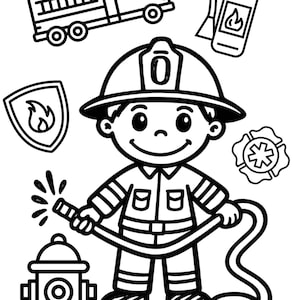 May include: A black and white line art coloring page featuring a smiling firefighter in uniform and helmet holding a hose. Surrounding elements include a fire truck, a fire extinguisher, a fire hydrant, a flame shield, and a medical star emblem.