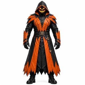 Può includere: Un costume a figura intera composto da un cappotto con cappuccio nero e arancione con dettagli dentellati e stratificati sulle spalle e sull'orlo. La testa è coperta da una maschera a forma di zucca intagliata e luminosa. Include guanti e stivali neri.