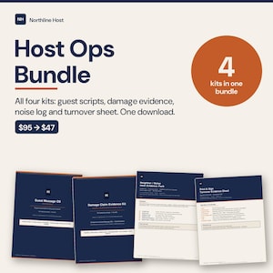 Vacation Rental Host Bundle for Airbnb & VRBO, 4 Kits: 85 Guest Message Scripts, Damage Claim Kit, Noise Complaint Log, Turnover Checklist