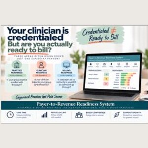 Pode incluir: Uma infografia digital intitulada Your clinician is credentialed But are you actually ready to bill? com um portátil que mostra um painel Payer-to-Revenue Readiness System com gráficos, ícones e texto sobre a prontidão para faturação.
