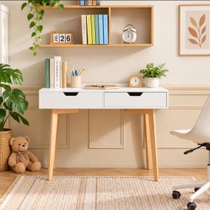 Small Kids Desk with Drawers, Wooden White Study Table, Writing Desk for Reading, Writing, Drawing & Home Office