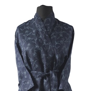 KIMONO BATHROBE - S-XXL robe - blue floral bathrobe - men linen robe - women linen robe - flax bathrobe - thick linen robe, linen bathrobe