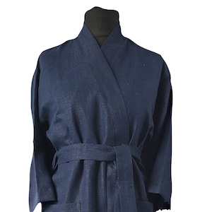 KIMONO BATHROBE - S-XXL robe - solid blue bathrobe - men linen robe - women linen robe - flax bathrobe - thick linen robe, linen bathrobe
