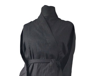 KIMONO BATHROBE - S-XXL robe - solid black bathrobe - men linen robe - women linen robe - flax bathrobe - thick linen robe, linen bathrobe