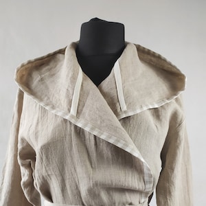 HOODED LINEN ROBE with striped decoration, unisex robes with hood and pockets, natural color linen bathrobes