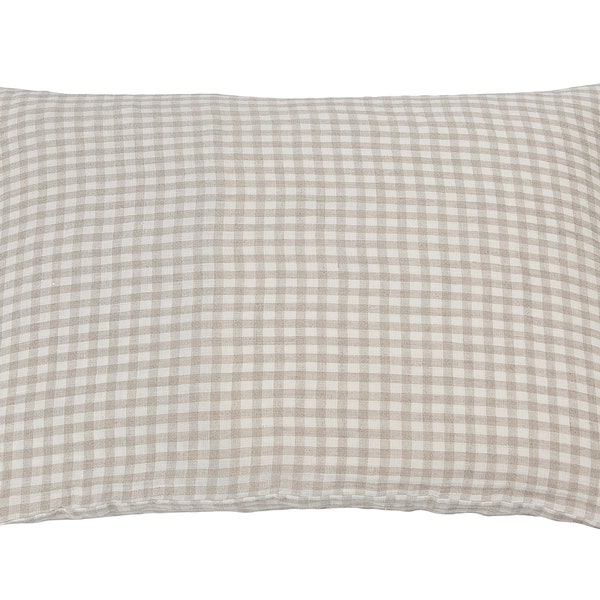 Funda de almohada king, queen o square linen. Cierre de sobre, tela certificada lavada a piedra. Natural, controles de estilo Gingham