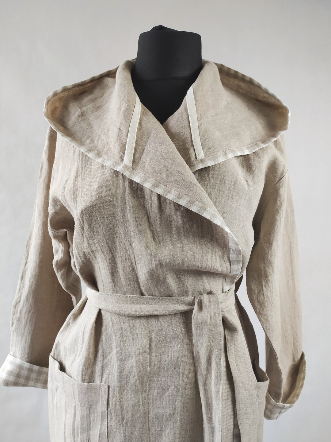 HOODED LINEN ROBE With Striped Decoration, Unisex Robes With Hood and