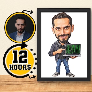 Peut inclure: Une illustration caricaturale encadrée d'un homme barbu portant un sweat à capuche sombre, un jean bleu et des baskets, tenant un ordinateur portable avec du code vert à l'écran. À gauche, un graphique circulaire montre une photo de l'homme et le texte 12 HOURS.