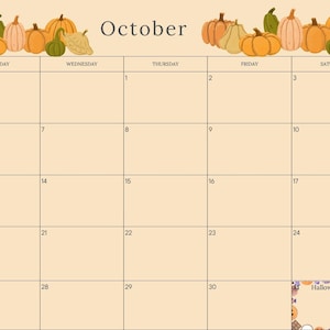 May include: A monthly calendar page for October 2026 with a light beige background. The top border features illustrations of various pumpkins and gourds in orange, green, and tan. The grid includes dates, Columbus Day/Indigenous People's Day, and Halloween.