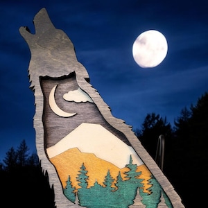 Multilayered Wood Wolf Sculpture With Night Forest Scene - Rustic Cabin Decor