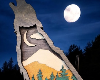 Multilayered Wood Wolf Sculpture With Night Forest Scene - Rustic Cabin Decor