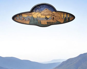 Handcrafted Multi-Layered Stained Wood UFO Wall Art | Alien Theme Decor