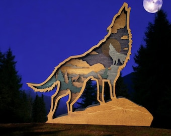 Intricate Multilayer Wooden Wolf Art, Forest & Mountain Night Scene Decor