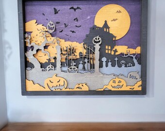 Halloween Multi-Layer Graveyard Wall Art - 7 Layer Stained Wood Scene - Spooky Halloween Decor 11x9