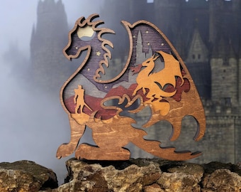 Fantasy Knight and Dragon Wood Art - Multilayered 3D Night Scene Decor