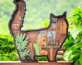 Handcrafted Multilayer Wooden Cat Art – Kitchen Scene Decor