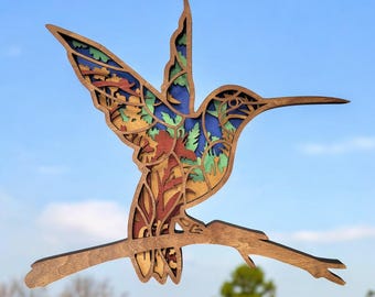 Handmade Multilayer Hummingbird Art | 6 Layer 1/8 Stained Plywood | 11x10 Intricate Wooden Design