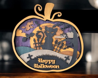 Halloween Pumpkin Multi-Layered Wood Art with Spooky Scene, 11x11, Handmade and Stained