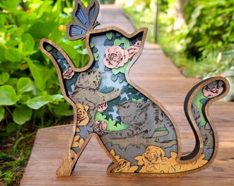 Multilayer Cat Art with Kittens in Garden | Handcrafted Wooden Decor with Butterfly