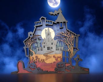 Multi-Layer Haunted House Decor - Handmade 6-Layer Stained Plywood Decoration for Halloween 11 x 10