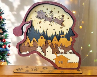Multilayer Wood Art Santa Flying Over Town Christmas Decoration - Festive Holiday Decor