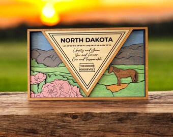 Rustic North Dakota Wooden Sign with Prairie Roses & Horse Silhouette – Handcrafted Home Decor