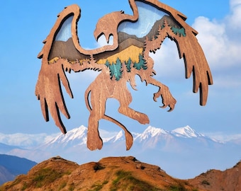 Multilayer Wooden Griffin Wall Art with Intricate Mountain Scene | Unique Home Decor Gift