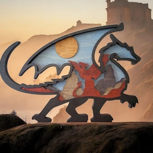Majestic Multilayer Wooden Dragon Artwork - Mountain Top Winged Fantasy Decor