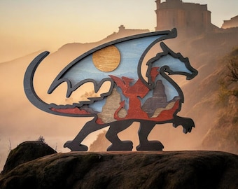 Majestic Multilayer Wooden Dragon Artwork - Mountain Top Winged Fantasy Decor