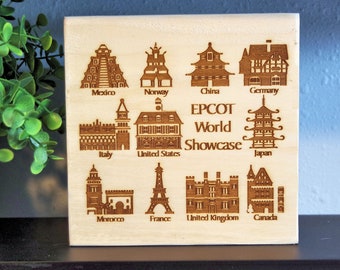 EPCOT World Showcase - laser engraved wood shelf sign available in 2 sizes