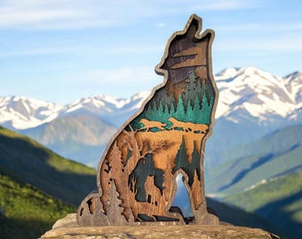 Majestic Howling Wolf Wooden Art - 3D Multilayer Wall Decor with Forest Night Scene
