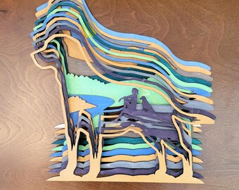 Wooden Dog Art Multilayer Wall Hanging Handmade Wood Sculpture Scenic Valley Landscape Nature Hiking Enthusiast Lover Gift Pet Owner Present