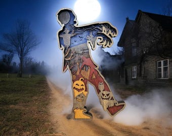 Multi-layer Zombie Graveyard Scene | 8 Layer 1/8 Plywood Art | Stained Wooden Halloween Decor