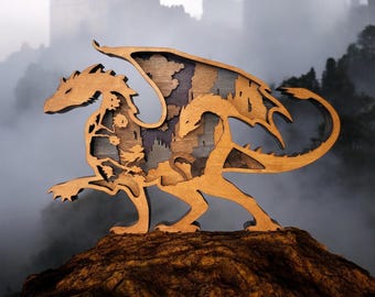 Mystical Dragon 3D Wooden Art - Handcrafted Multilayer Fantasy Art Decor