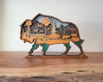 Rustic Bison Forest Scene Layered Wood Art - Nature-Inspired 3D Wall Decor for Home and Office