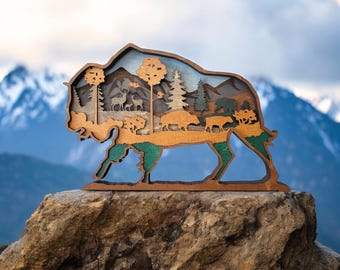 Layered Bison Wood Art – Rustic Forest Scene 3D Wall Decor