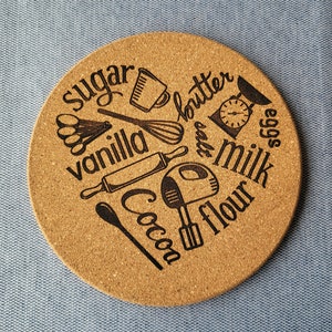 Cork hot pads for the kitchen, new apartment essentials, bridal shower kitchen gifts for women, trivet, heart flour sugar milk eggs butter