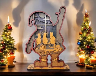 Multilayer Santa with Cats Watching Sleigh Wooden Art Decor for Christmas