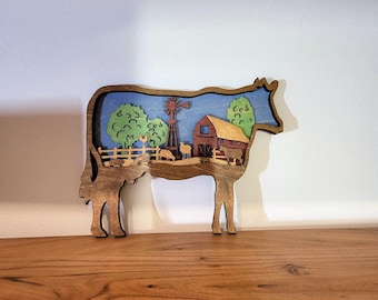 Rustic Cow Farm Scene Wall Art – Layered Plywood Decor