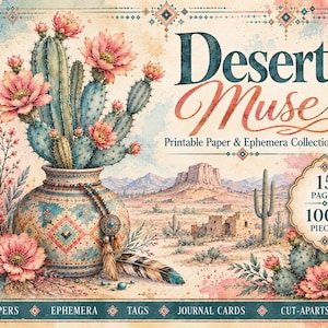 Könnte beinhalten: Eine druckbare Papier- und Ephemera-Kollektion mit dem Titel Desert Muse, die eine Aquarellillustration einer gemusterten Vase voller blühender Kakteen vor einer Wüstenlandschaft mit einem Steingebäude und einem Federanhänger zeigt.