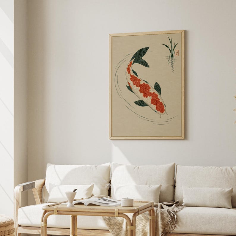 Koi Fish Poster, Japanese Etching Art, Rust Orange and Teal, Living ...