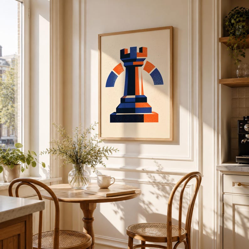 Art Deco Chess Poster With Geometric Rook in Blue and Orange - Etsy