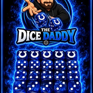 May include: A graphic illustration featuring a bearded character in a black cap labeled DICE DADDY, throwing two blue dice with white horseshoe symbols. Below, the text THE DICE DADDY sits above a grid of twenty blue marbled dice with white pips.