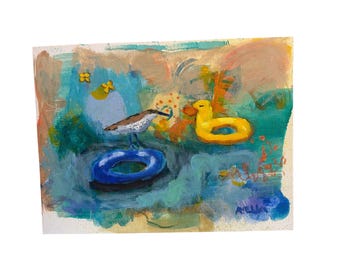 Speelse vogel/eend/zwemband, schilderij met gemengde technieken, outsider/vreemd, 9x12 inch, woondecoratie