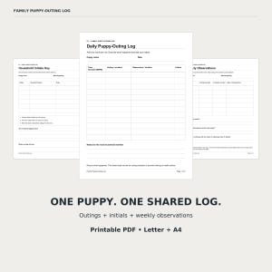 Puede incluir: Un registro de salidas para cachorros en formato PDF imprimible que consta de tres páginas blancas con texto negro. Los formularios incluyen un registro diario, una clave de iniciales del hogar y una hoja de observaciones semanales.