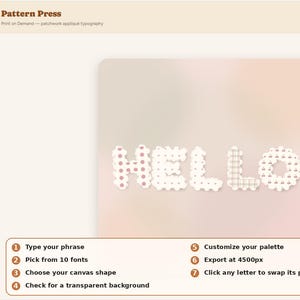 May include: A digital interface for a design tool titled Pattern Press, featuring a central square canvas displaying the word HELLO in white letters with varied patterns, alongside a sidebar with input fields, font selection, and export buttons.